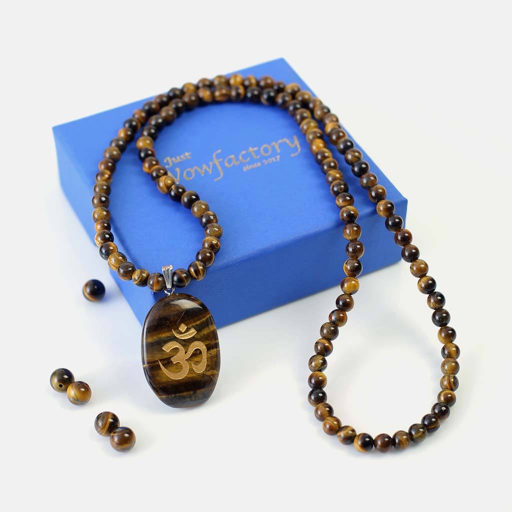 DIVINE 108 AUM CARVED TIGER'S EYE PENDANT MALA